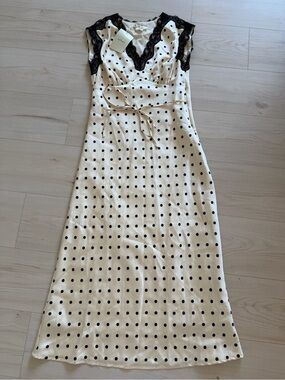 bohme Cream Polka Dot Maxi Dress with Black Lace Trim